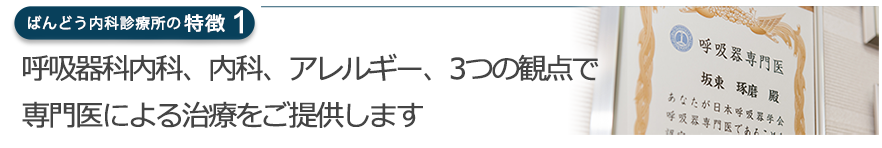 呼吸器科内科、内科、アレルギー、3つの観点で専門医による治療をご提供します